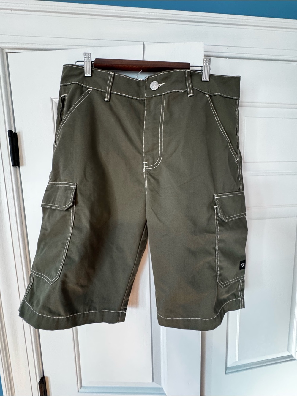 True Religion Olive Green Cargo Shorts with Contrast White Stitching